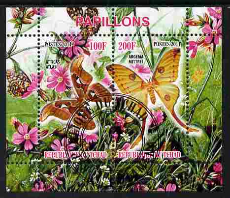 Chad 2011 Butterflies #1 perf sheetlet containing 2 values cto used, stamps on butterflies