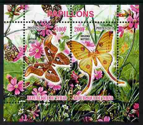 Chad 2011 Butterflies #1 perf sheetlet containing 2 values unmounted mint, stamps on , stamps on  stamps on butterflies