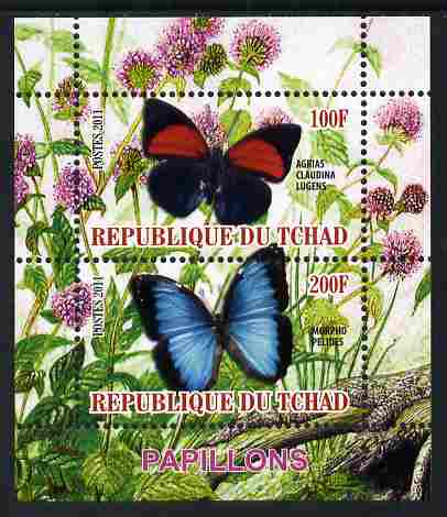 Chad 2011 Butterflies #4 perf sheetlet containing 2 values unmounted mint, stamps on , stamps on  stamps on butterflies