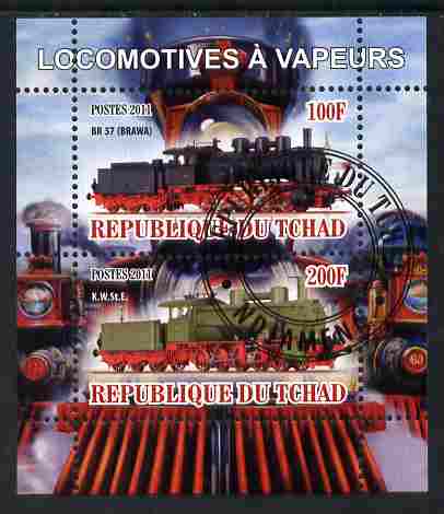 Chad 2011 Steam Locomotives perf sheetlet containing 2 values cto used, stamps on railways