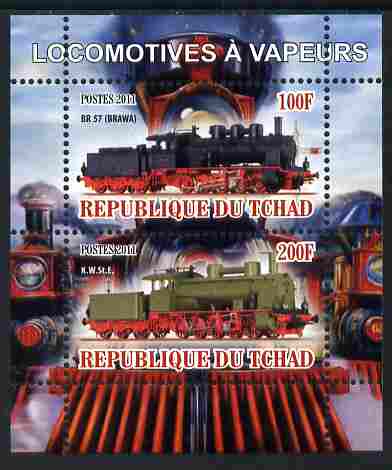 Chad 2011 Steam Locomotives perf sheetlet containing 2 values unmounted mint, stamps on , stamps on  stamps on railways