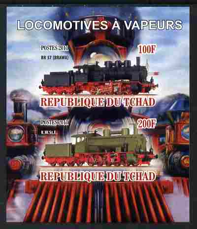 Chad 2011 Steam Locomotives imperf sheetlet containing 2 values unmounted mint, stamps on , stamps on  stamps on railways