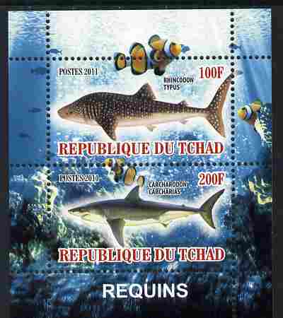 Chad 2011 Sharks perf sheetlet containing 2 values unmounted mint, stamps on , stamps on  stamps on fish, stamps on  stamps on sharks