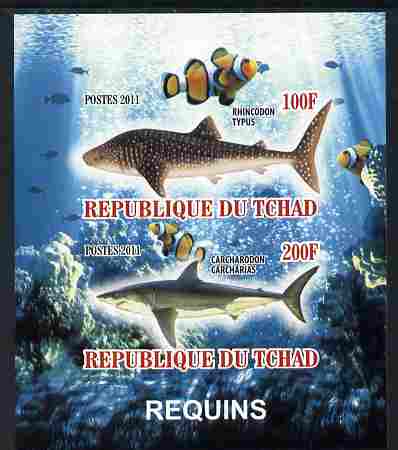 Chad 2011 Sharks imperf sheetlet containing 2 values unmounted mint, stamps on fish, stamps on sharks