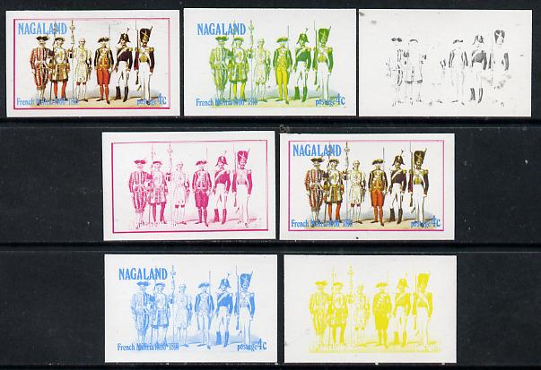Nagaland 1977 French Militia 4c set of 7 imperf progressive colour proofs comprising the 4 individual colours plus 2, 3 and all 4-colour composites unmounted mint, stamps on militaria