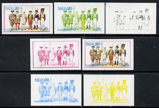 Nagaland 1977 French Militia 4c set of 7 imperf progressive colour proofs comprising the 4 individual colours plus 2, 3 and all 4-colour composites unmounted mint, stamps on , stamps on  stamps on militaria