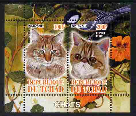 Chad 2011 Domestic Cats perf sheetlet containing 2 values unmounted mint, stamps on animals, stamps on cats, stamps on 