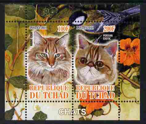 Chad 2011 Domestic Cats perf sheetlet containing 2 values unmounted mint, stamps on , stamps on  stamps on animals, stamps on  stamps on cats, stamps on  stamps on 