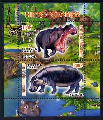 Chad 2011 Hippos perf sheetlet containing 2 values unmounted mint, stamps on , stamps on  stamps on animals, stamps on  stamps on hippos