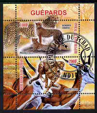 Chad 2011 Cheetahs perf sheetlet containing 2 values cto used, stamps on , stamps on  stamps on animals, stamps on  stamps on cats, stamps on  stamps on cheetahs