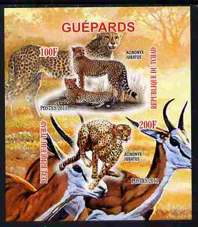 Chad 2011 Cheetahs imperf sheetlet containing 2 values unmounted mint, stamps on , stamps on  stamps on animals, stamps on  stamps on cats, stamps on  stamps on cheetahs