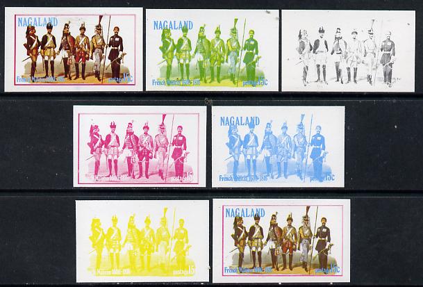 Nagaland 1977 French Militia 15c set of 7 imperf progressive colour proofs comprising the 4 individual colours plus 2, 3 and all 4-colour composites unmounted mint, stamps on , stamps on  stamps on militaria