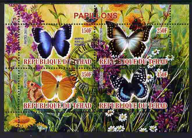 Chad 2011 Butterflies #2 perf sheetlet containing 4 values cto used, stamps on , stamps on  stamps on butterflies