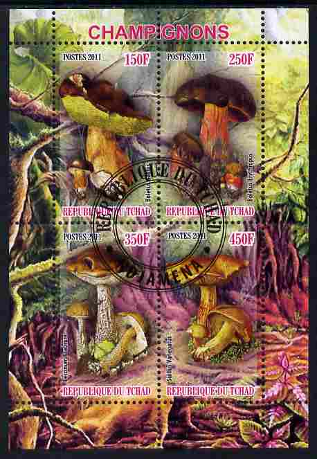 Chad 2011 Mushrooms #1 perf sheetlet containing 4 values cto used, stamps on , stamps on  stamps on fungi