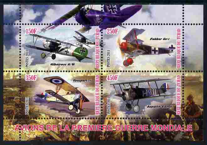 Chad 2011 Aircraft of World War 1 perf sheetlet containing 4 values unmounted mint, stamps on , stamps on  stamps on aviation, stamps on  stamps on  ww1 , stamps on  stamps on 