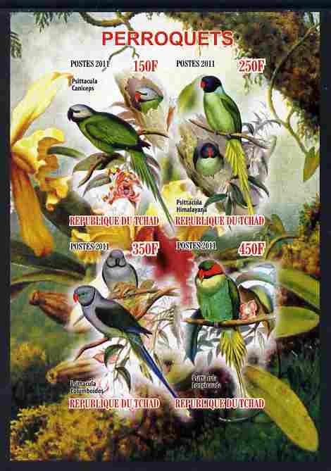 Chad 2011 Parrots imperf sheetlet containing 4 values unmounted mint, stamps on birds, stamps on parrots