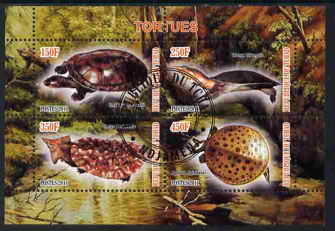 Chad 2011 Turtles #1 perf sheetlet containing 4 values cto used, stamps on reptiles, stamps on turtles