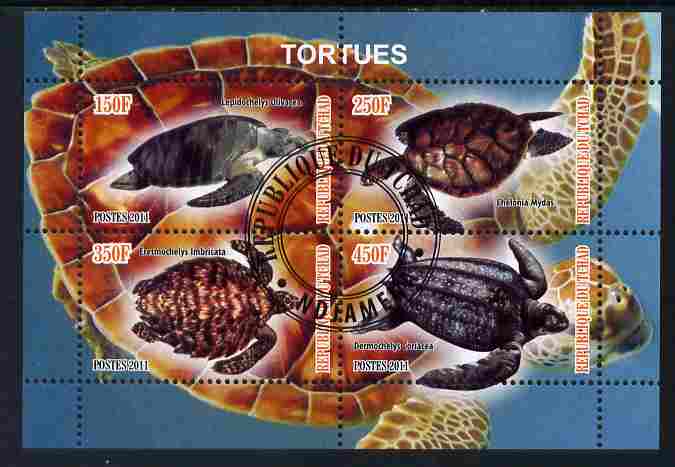 Chad 2011 Turtles #2 perf sheetlet containing 4 values cto used, stamps on , stamps on  stamps on reptiles, stamps on  stamps on turtles