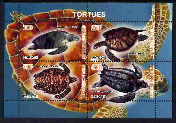 Chad 2011 Turtles #2 perf sheetlet containing 4 values unmounted mint, stamps on , stamps on  stamps on reptiles, stamps on  stamps on turtles