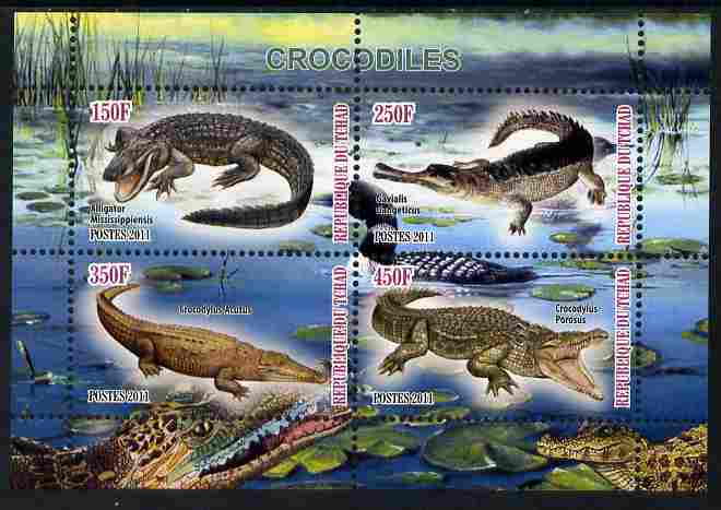 Chad 2011 Crocodiles perf sheetlet containing 4 values unmounted mint, stamps on reptiles, stamps on crocodiles