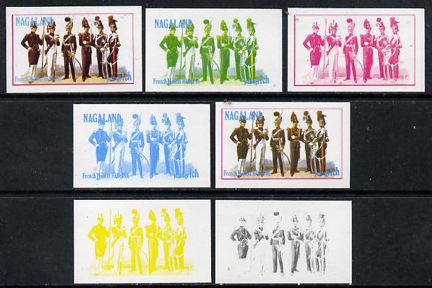 Nagaland 1977 French Militia 1ch set of 7 imperf progressive colour proofs comprising the 4 individual colours plus 2, 3 and all 4-colour composites unmounted mint, stamps on militaria