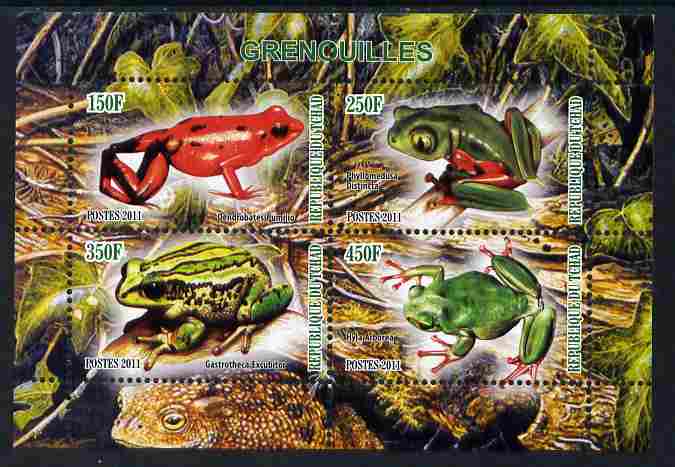 Chad 2011 Frogs #1 perf sheetlet containing 4 values unmounted mint, stamps on , stamps on  stamps on reptiles, stamps on  stamps on animals, stamps on  stamps on frogs, stamps on  stamps on amphibians