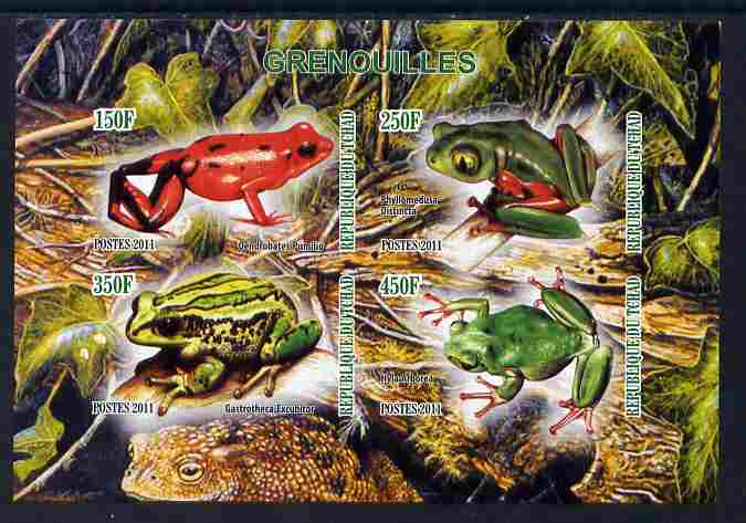 Chad 2011 Frogs #1 imperf sheetlet containing 4 values unmounted mint, stamps on , stamps on  stamps on reptiles, stamps on  stamps on animals, stamps on  stamps on frogs, stamps on  stamps on amphibians