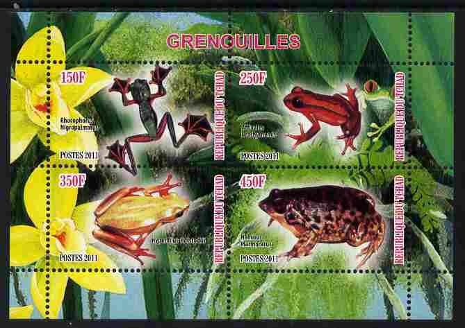 Chad 2011 Frogs #2 perf sheetlet containing 4 values unmounted mint, stamps on , stamps on  stamps on reptiles, stamps on  stamps on animals, stamps on  stamps on frogs, stamps on  stamps on amphibians