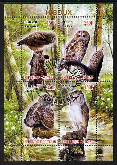 Chad 2011 Owls perf sheetlet containing 4 values cto used, stamps on , stamps on  stamps on birds, stamps on  stamps on birds of prey, stamps on  stamps on owls