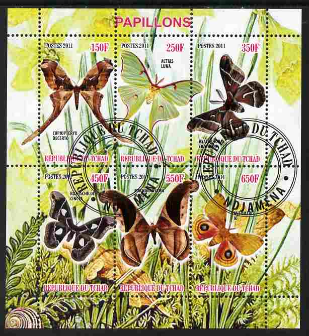 Chad 2011 Butterflies #3 perf sheetlet containing 6 values cto used, stamps on butterflies