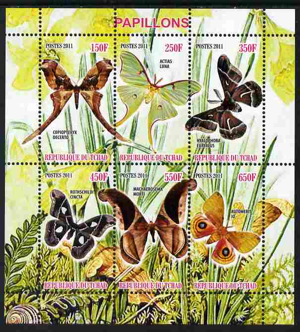 Chad 2011 Butterflies #3 perf sheetlet containing 6 values unmounted mint, stamps on , stamps on  stamps on butterflies