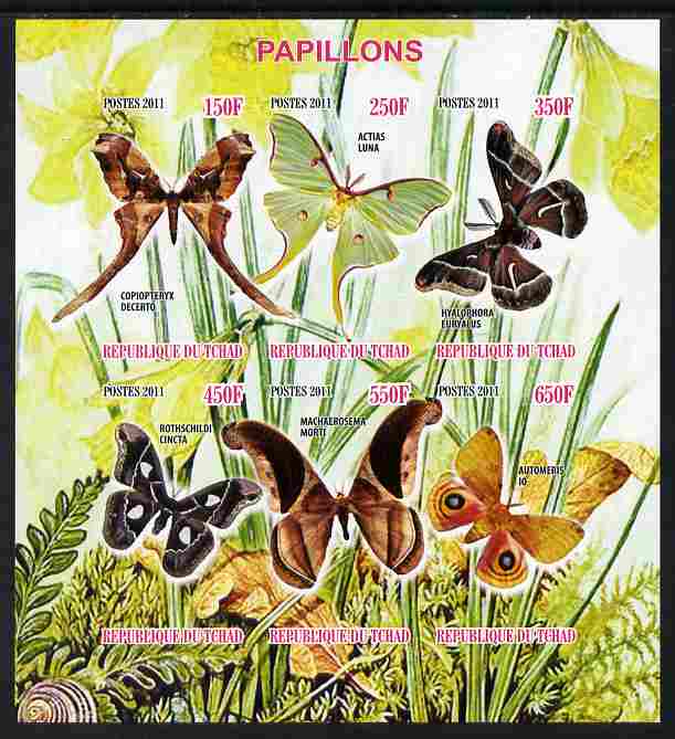 Chad 2011 Butterflies #3 imperf sheetlet containing 6 values unmounted mint, stamps on , stamps on  stamps on butterflies