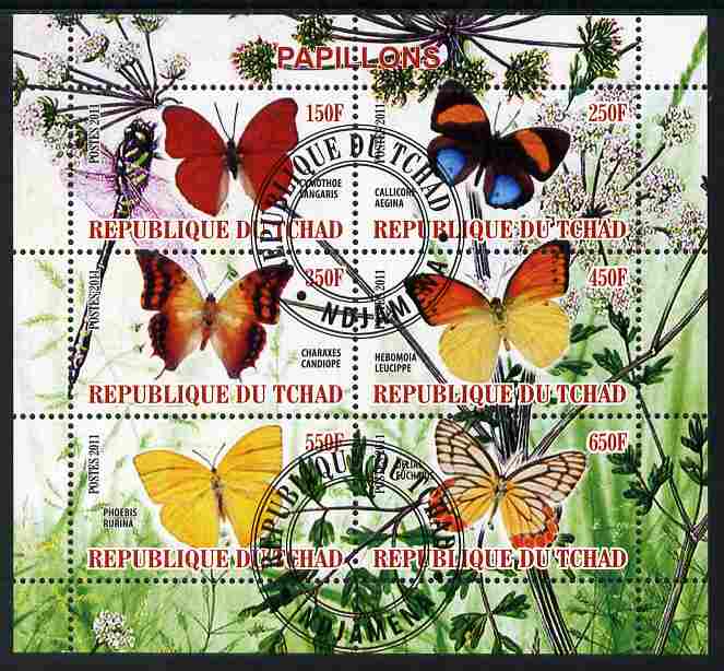 Chad 2011 Butterflies #6 perf sheetlet containing 6 values cto used, stamps on , stamps on  stamps on butterflies