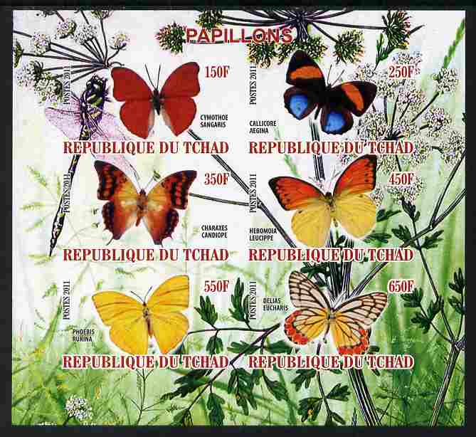 Chad 2011 Butterflies #6 imperf sheetlet containing 6 values unmounted mint, stamps on , stamps on  stamps on butterflies