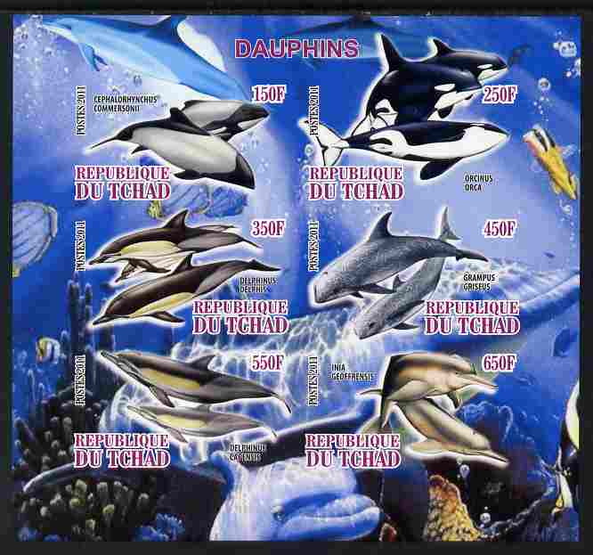 Chad 2011 Dolphins imperf sheetlet containing 6 values unmounted mint, stamps on marine life, stamps on whales, stamps on dolphins