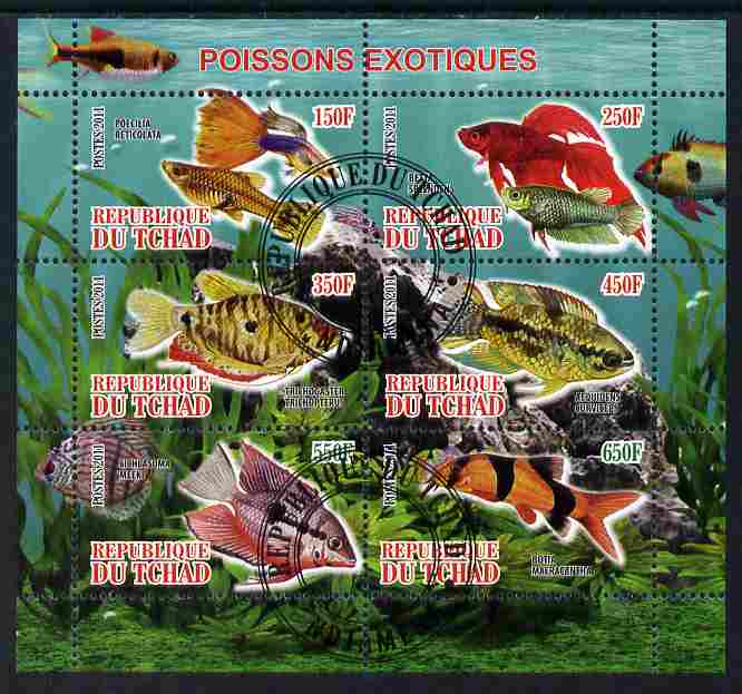 Chad 2011 Exotic Fish perf sheetlet containing 6 values cto used, stamps on fish