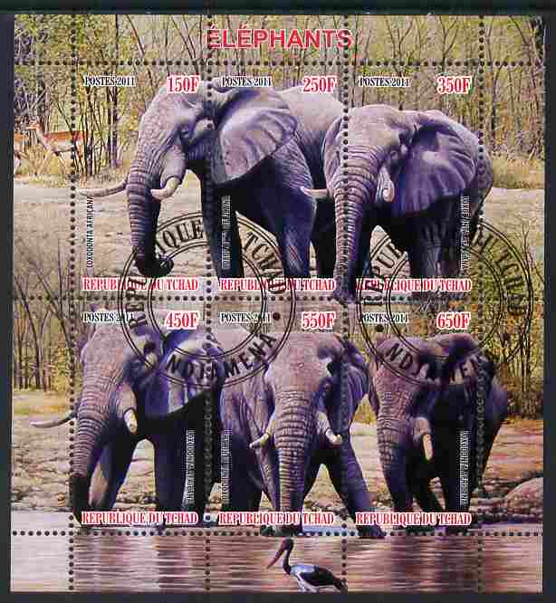 Chad 2011 Elephants perf sheetlet containing 6 values cto used, stamps on animals, stamps on elephants