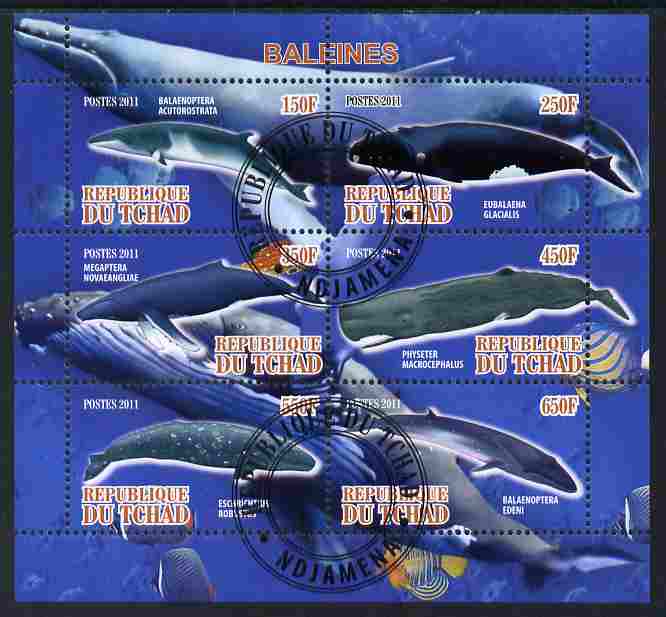 Chad 2011 Whales perf sheetlet containing 6 values cto used, stamps on marine life, stamps on whales, stamps on dolphins