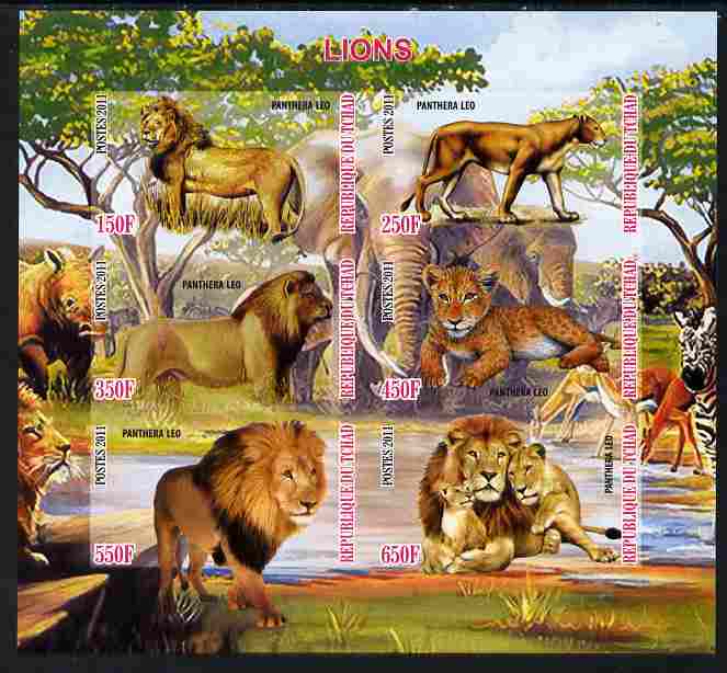 Chad 2011 Lions imperf sheetlet containing 6 values unmounted mint, stamps on , stamps on  stamps on animals, stamps on  stamps on cats, stamps on  stamps on lions