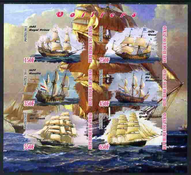 Chad 2011 Tall Ships imperf sheetlet containing 6 values unmounted mint, stamps on ships