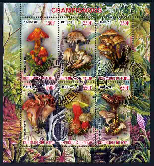 Chad 2011 Mushrooms #2 perf sheetlet containing 6 values cto used, stamps on fungi