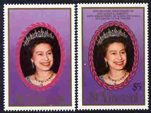 St Vincent 1987 Ruby Wedding $5 (The Queen) with black omitted (inscription and value) unmounted mint plus normal, as SG 1083, stamps on , stamps on  stamps on royalty, stamps on  stamps on ruby