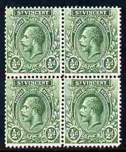 St Vincent 1913-17 KG5 1/2d green watermarked MCA block of 4 unmounted mint SG 108, stamps on , stamps on  stamps on , stamps on  stamps on  kg5 , stamps on  stamps on 