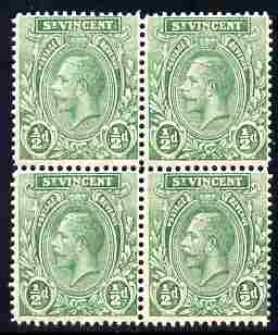 St Vincent 1913-17 KG5 1/2d pale yellow-green (unlisted shade) watermarked MCA block of 4 unmounted mint as SG 108, stamps on , stamps on  stamps on , stamps on  stamps on  kg5 , stamps on  stamps on 