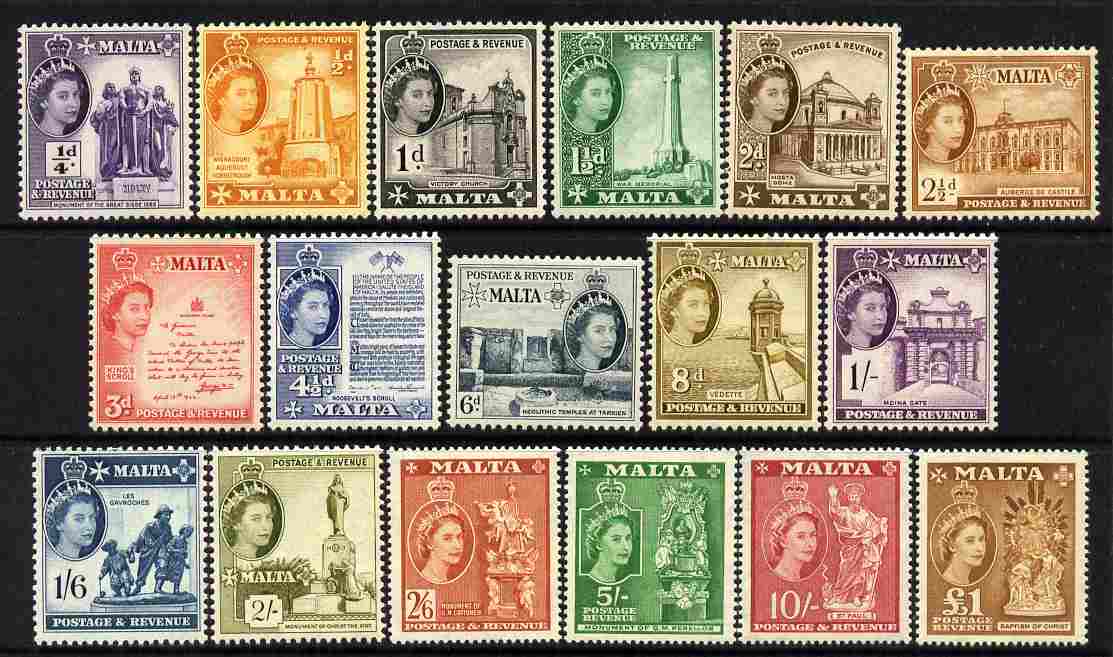 Malta 1956-58 QEII Pictorial definitive set complete 17 values,unmounted mint SG 266-82, stamps on , stamps on  stamps on monuments, stamps on  stamps on churches, stamps on  stamps on religion, stamps on  stamps on statues, stamps on  stamps on 