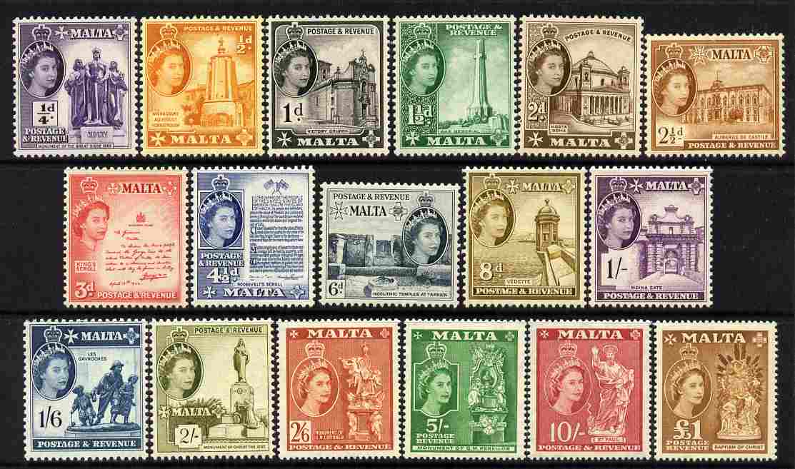 Malta 1956-58 QEII Pictorial definitive set complete 17 values,unmounted mint SG 266-82, stamps on monuments, stamps on churches, stamps on religion, stamps on statues, stamps on 