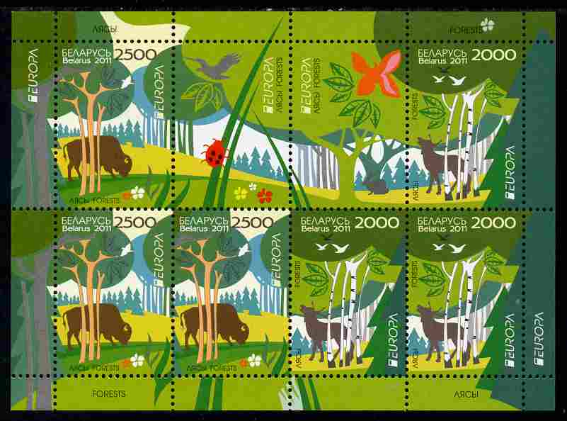 Belarus 2011 Europa - Animals of the Forest perf sheetlet containing 8 values unmounted mint, stamps on , stamps on  stamps on europa, stamps on  stamps on animals, stamps on  stamps on forests, stamps on  stamps on insects, stamps on  stamps on 