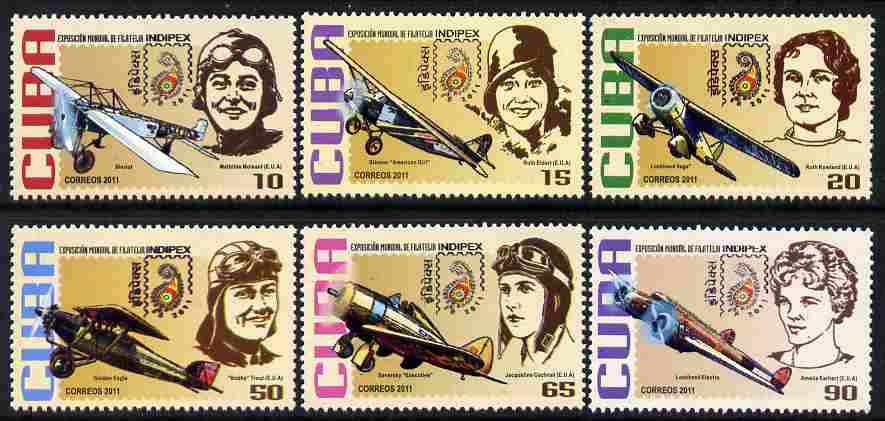 Cuba 2011 Indipex Stamp Exhibition - Aviators & their Planes perf set of 6 unmounted mint, stamps on , stamps on  stamps on stamp exhibitions, stamps on  stamps on aviation, stamps on  stamps on 