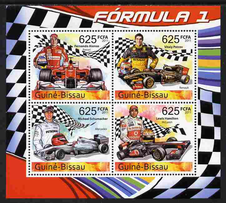 Guinea - Bissau 2011 Formula 1 perf sheetlet containing 4 values unmounted mint, stamps on , stamps on  stamps on formula 1, stamps on  stamps on  f1 , stamps on  stamps on cars, stamps on  stamps on racing cars