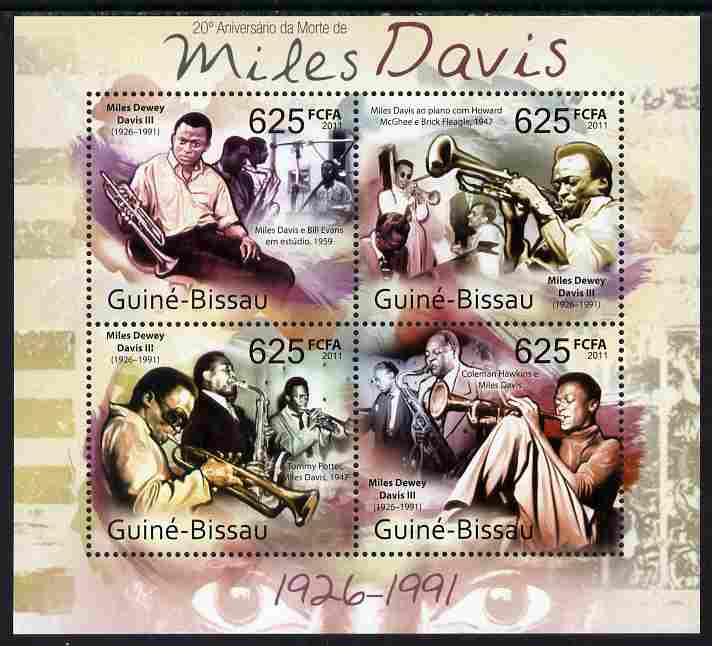 Guinea - Bissau 2011 Miles Davis perf sheetlet containing 4 values unmounted mint, stamps on personalities, stamps on jazz, stamps on music